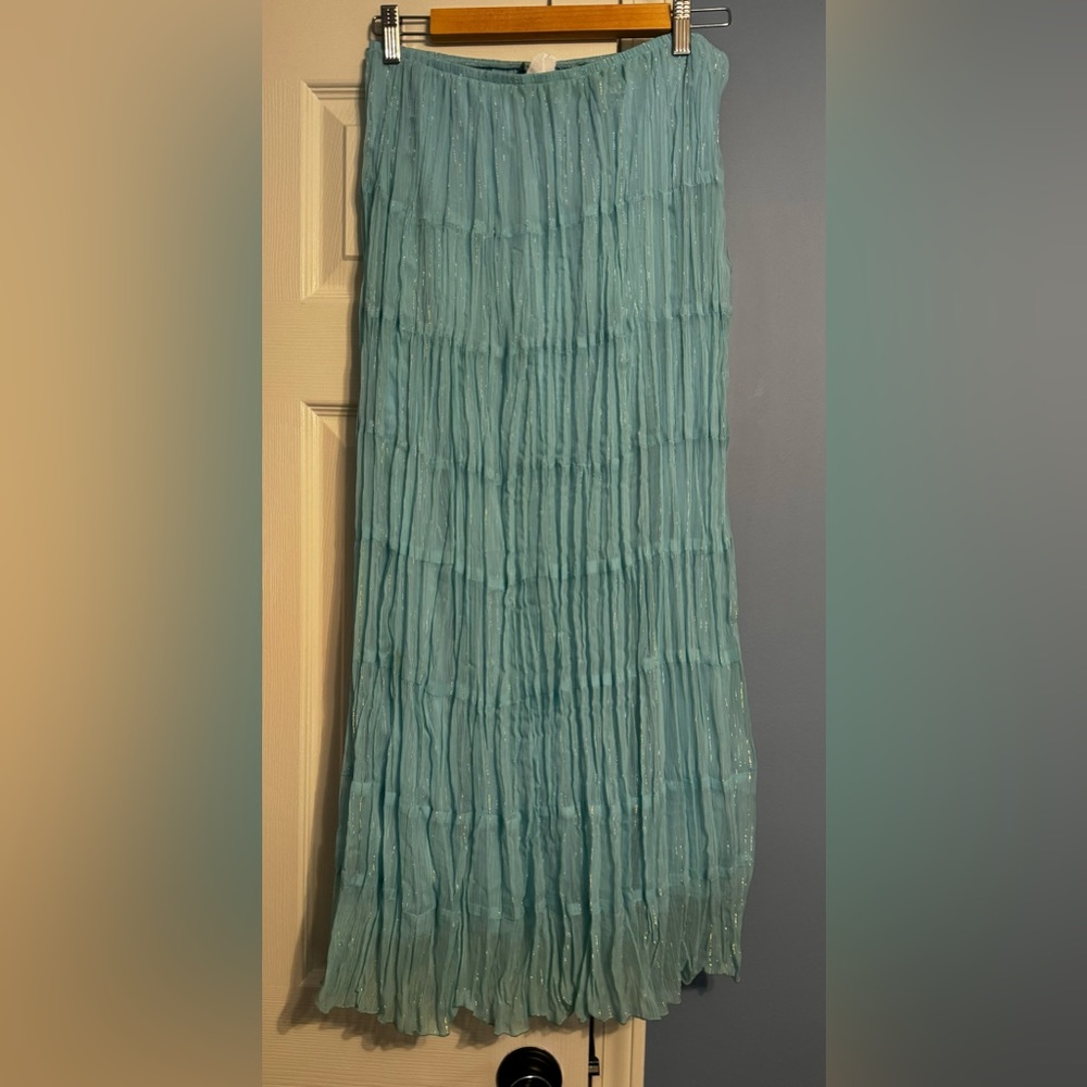 Metaphor, Size Large, Crinkled Skirt.  Baby Blue w/Gold Laced Striping